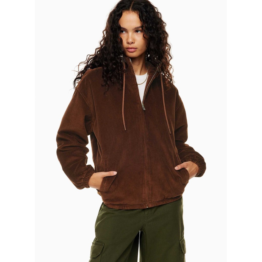 Aritzia Tna Morrison Corduroy ZipUp Hood Jacket Cognac Quilted Lining Women L/XL